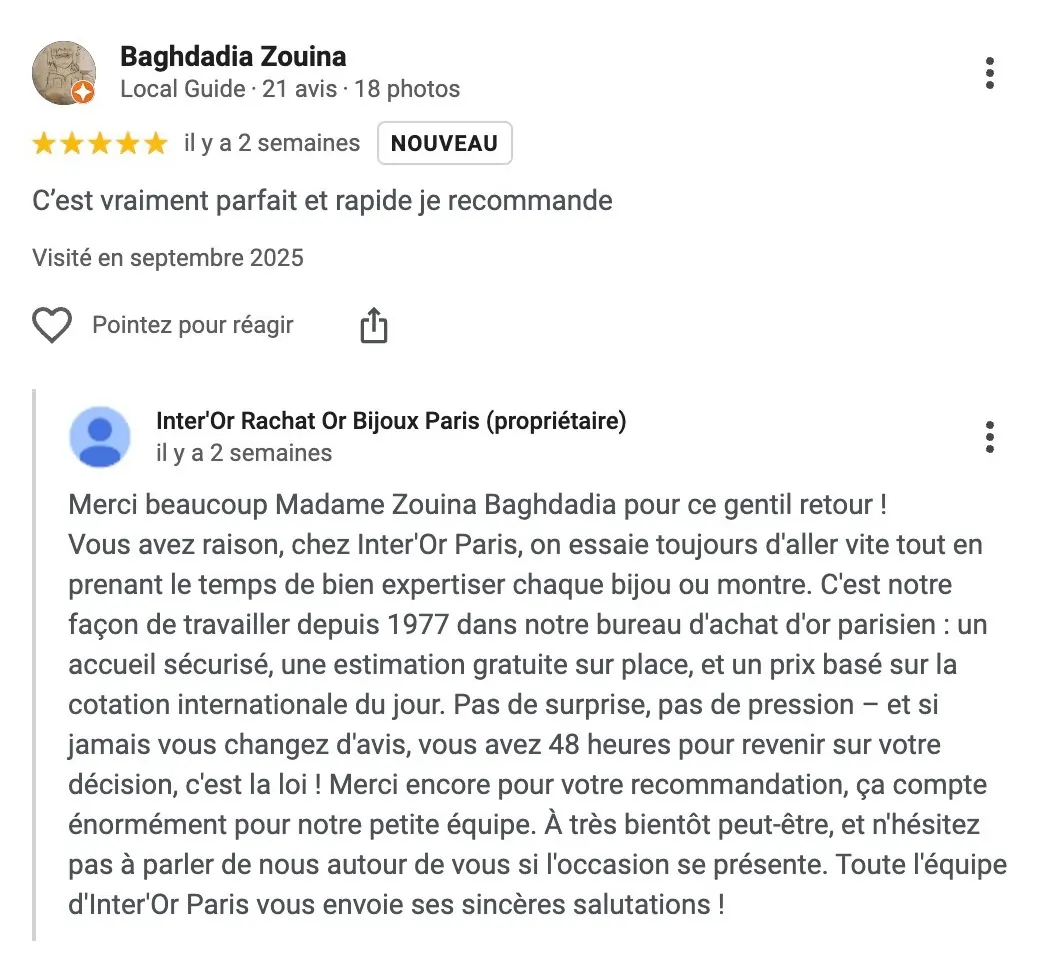 Avis client Inter'Or Paris