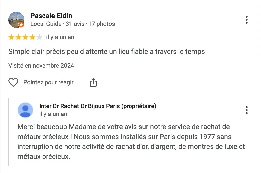 Avis client Inter'Or Paris