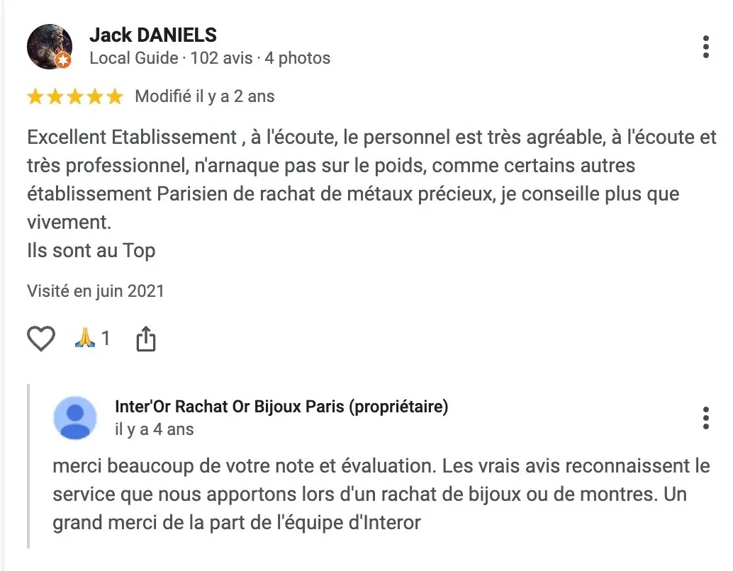 Avis client Inter'Or Paris