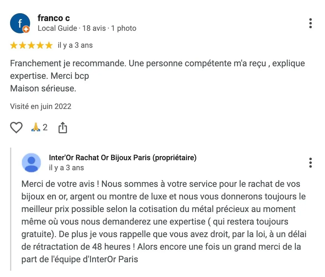 Avis client Inter'Or Paris